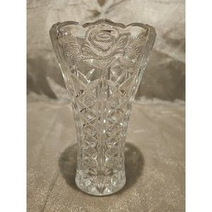 Clear Glass Rose Design 7-3/4" Tall Vase, Heavier-Weight, Age Unknown, pre-owned